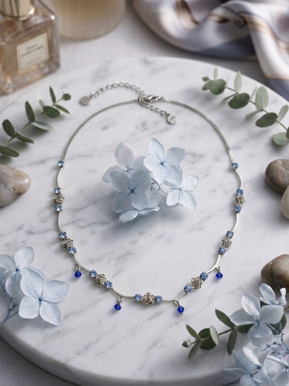 FAC Swarovski Crystal Blue Floral Necklace Silver Flowers Vintage